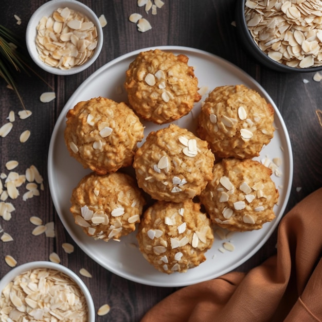 Foto un piatto di muffin di farina d'avena su un tavolo di legno scuro con una ciotola di farina d'avena accanto a loro.