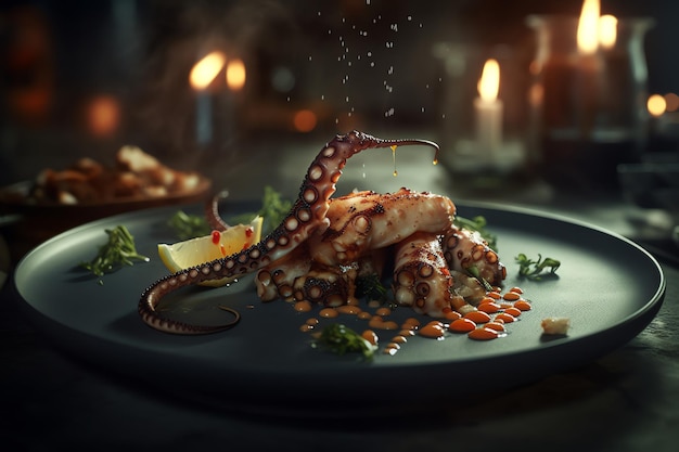 A plate of octopus food with a sauce on it
