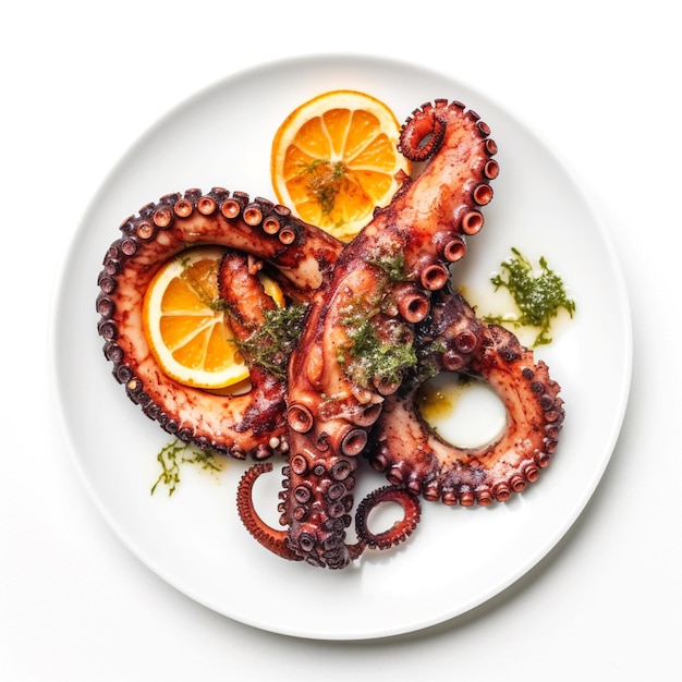 A plate of octopus with orange slices and herbs on it