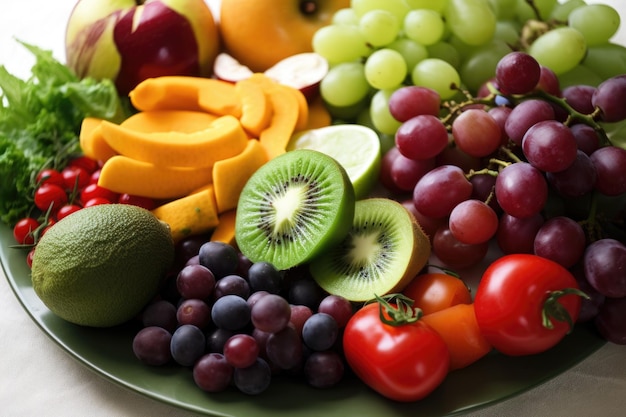 사진 신선한 과일과 채소의 판은 건강한 면역 체계를 위해 완벽합니다.
