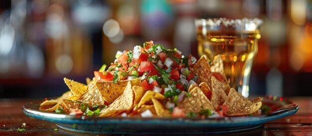 Фото plate of nachos and glass of beer