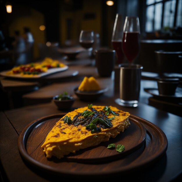 A plate of omelette is on a table with a glass of wine