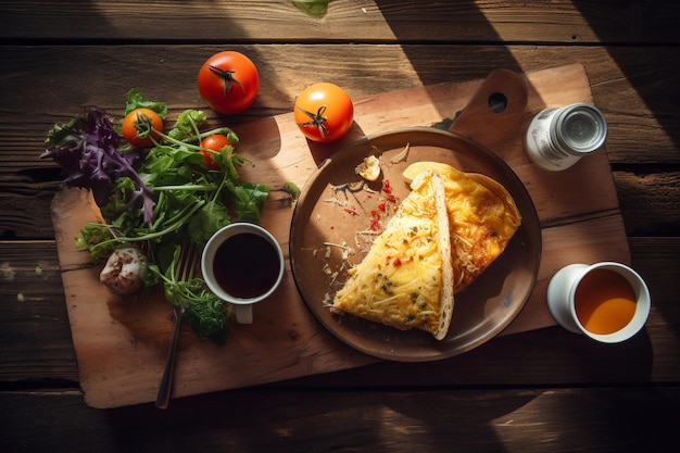 A plate of omelette with a cup of coffee and a tomato on a wooden table.