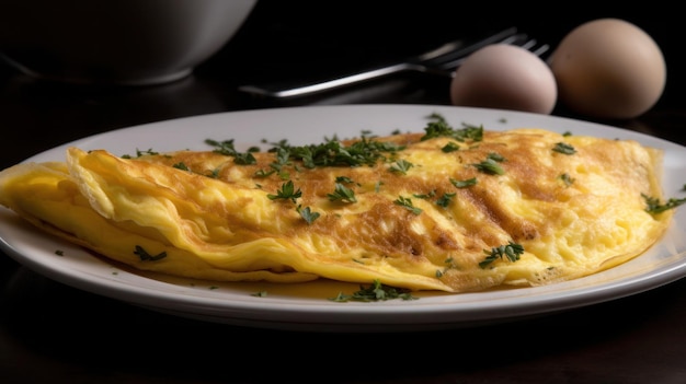 A plate of omelette with parsley on it