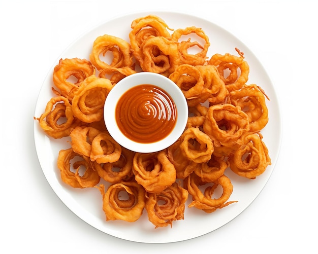 A plate of onion rings with a dipping sauce on it