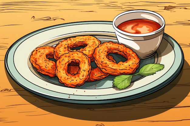 A plate of onion rings with sauce on wooden table