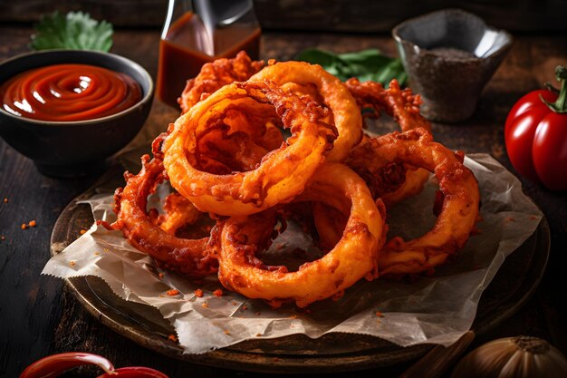A plate of onion rings with sauces on it