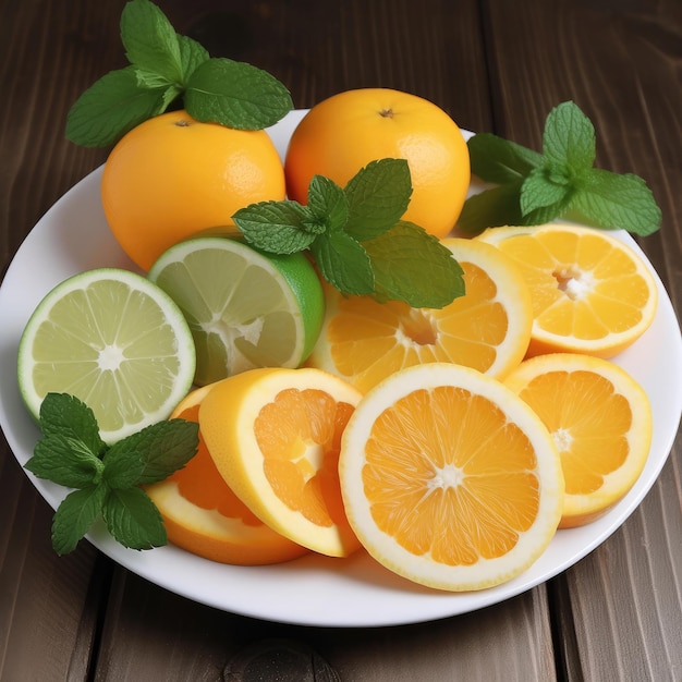 A plate of oranges and lemons with mint leaves on a wooden table.