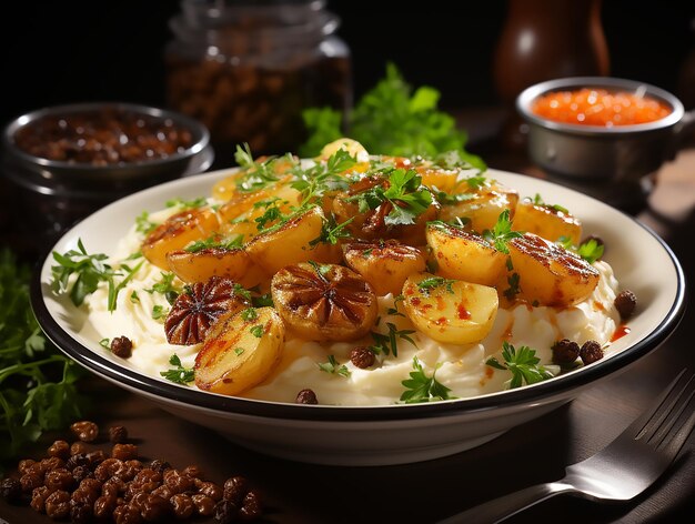 A plate of oven roasted potatoes lightly browned and garnished with fresh rosemary