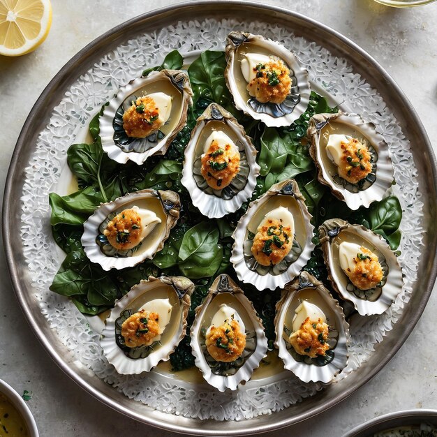 a plate of oyster with spin and lemon