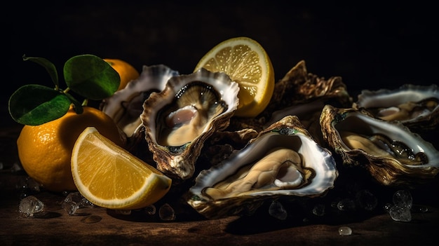 A plate of oysters with a lemon slice