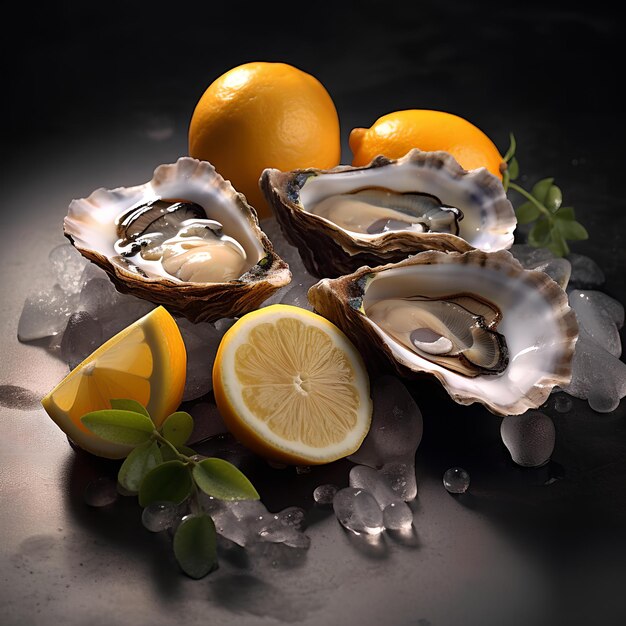 A plate of oysters with lemons and ice on a table.