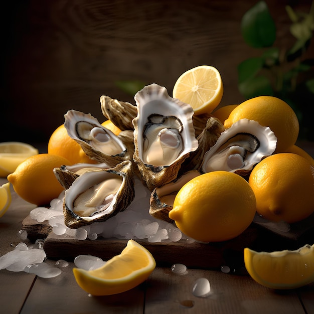 A plate of oysters with lemons and ice on a wooden table.