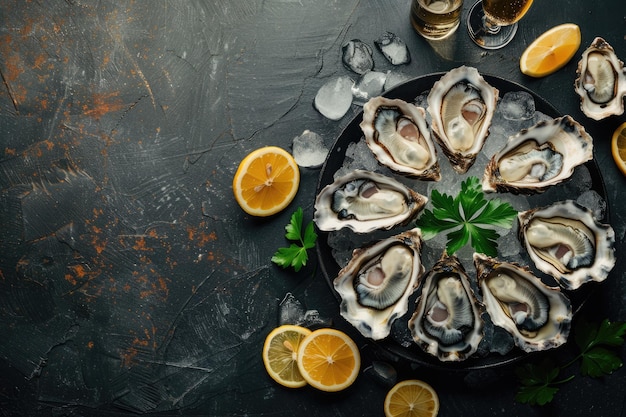 a plate of oysters with lemons on it and a lemon wedge on the table