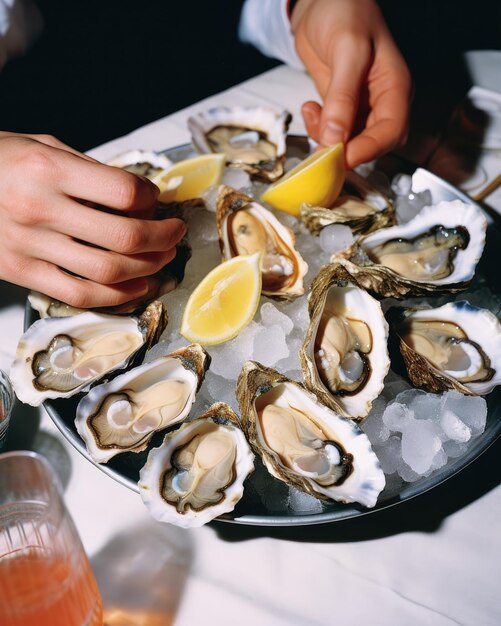 a plate of oysters with a person holding a plate of oysters