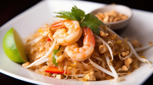 A plate of pad thai with shrimps and noodles