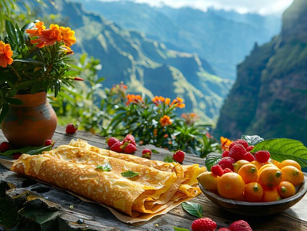 Photo a plate of pancakes and fruit on a table