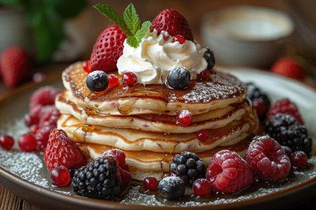 A plate of pancakes topped with whipped cream and berries