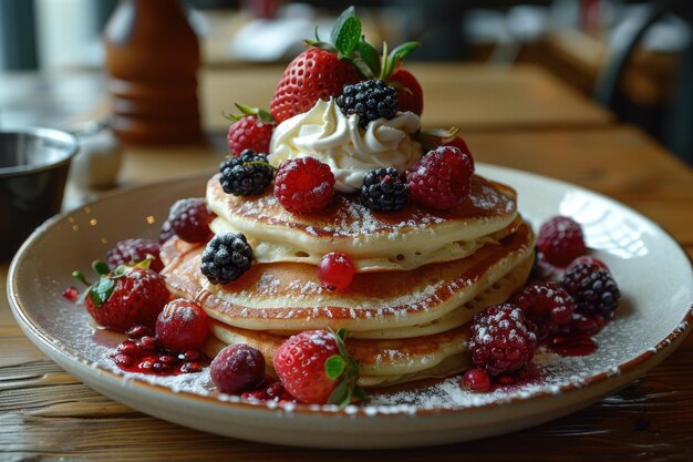 A plate of pancakes topped with whipped cream and berries