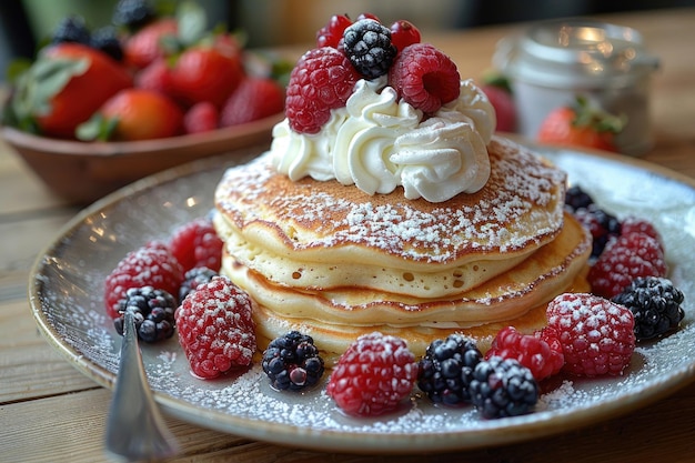 A plate of pancakes topped with whipped cream and berries