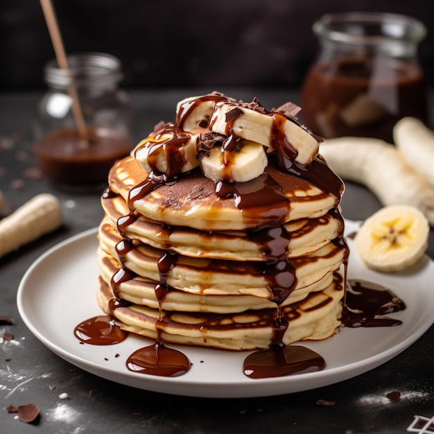 A plate of pancakes with bananas and chocolate drizzled on top.