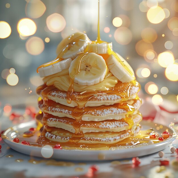 Plate of pancakes with bananas syrup delicious baked goods