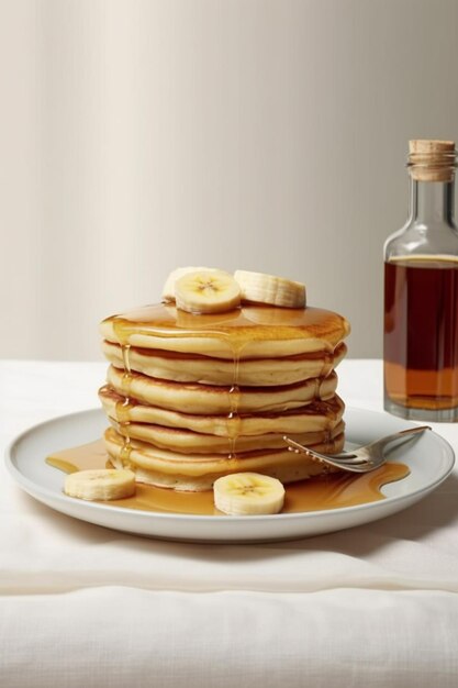 A plate of pancakes with bananas and syrup next to it