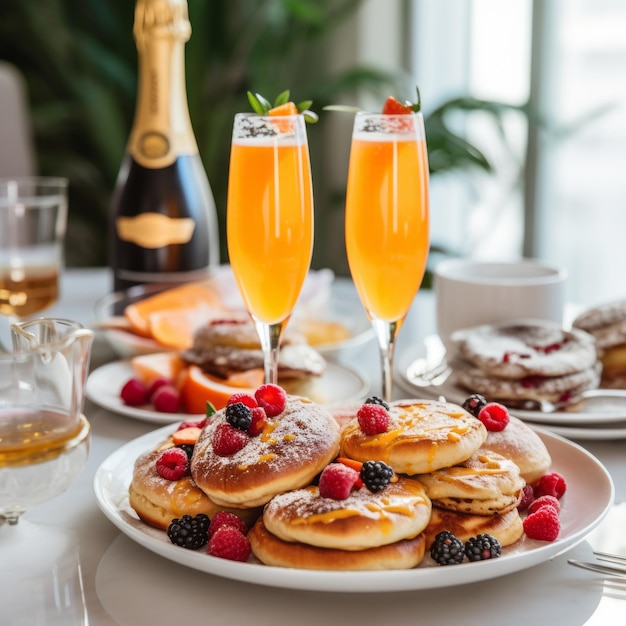 Foto un piatto di pancake con bacche e un bicchiere di champagne