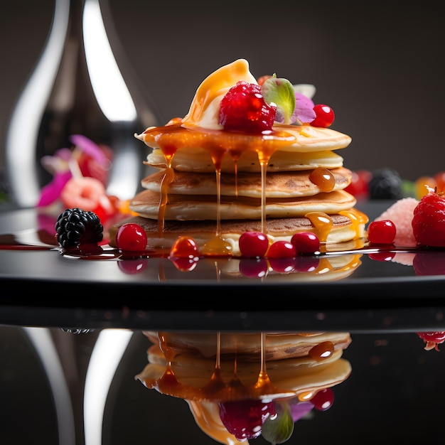 A plate of pancakes with berries and syrup on it