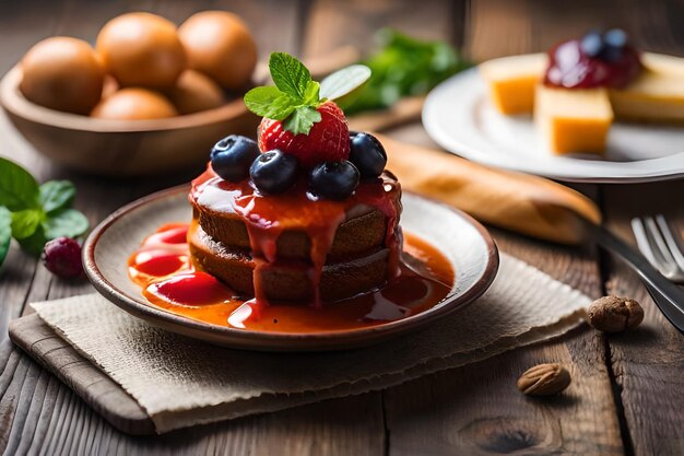 A plate of pancakes with berries and syrup on it