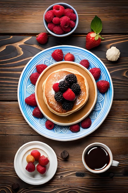 A plate of pancakes with berries and syrup