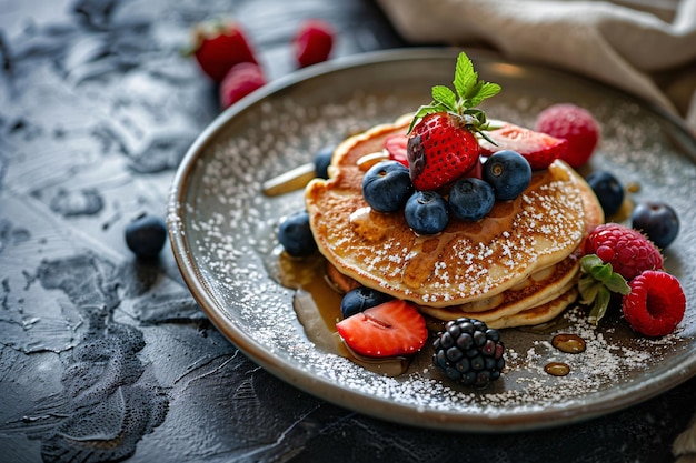 a plate of pancakes with berries on top