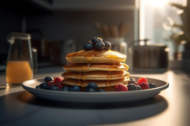 A plate of pancakes with blueberries and a cup of coffee on the table