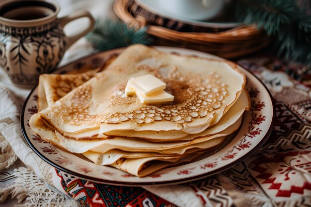 тарелка блинчиков с маслом и маслом на ней