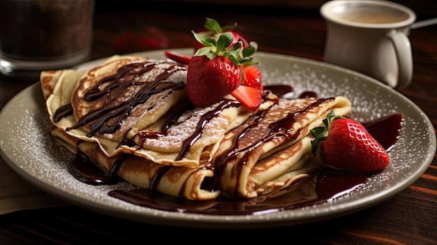 A plate of pancakes with chocolate and strawberries