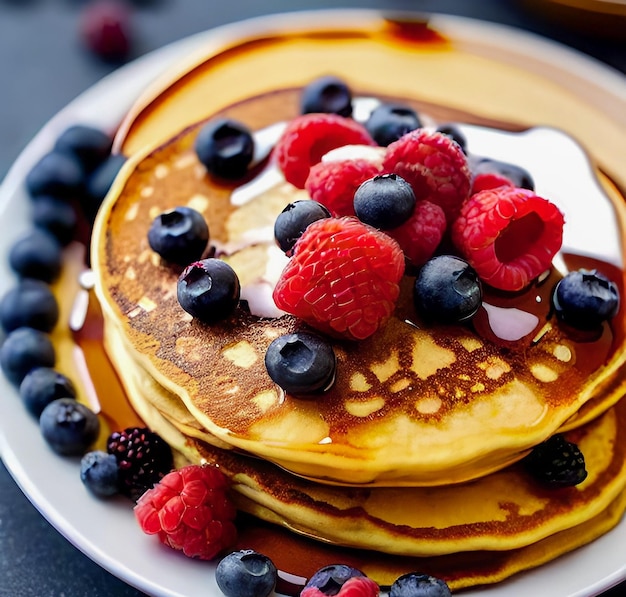 A plate of pancakes with fresh berries honey close up on a gray background Delicious breakfast