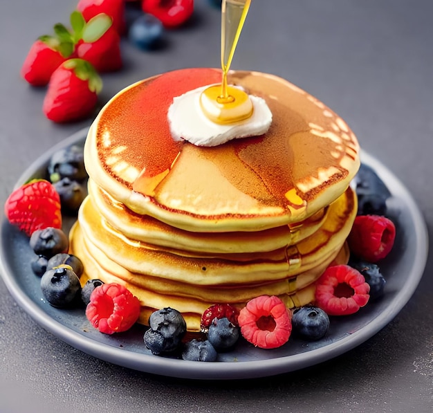 A plate of pancakes with fresh berries honey close up on a gray background Delicious breakfast