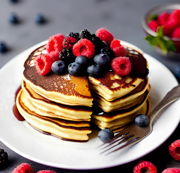 A plate of pancakes with fresh berries honey close up on a gray background Delicious breakfast