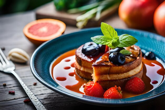 a plate of pancakes with fruit and a slice of strawberry