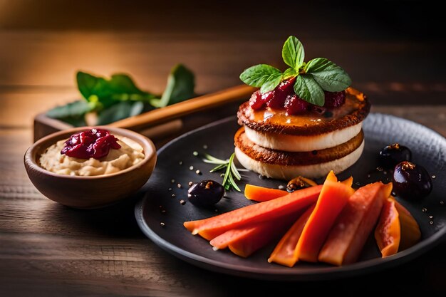 フルーツと野菜を入れたパンケーキの皿