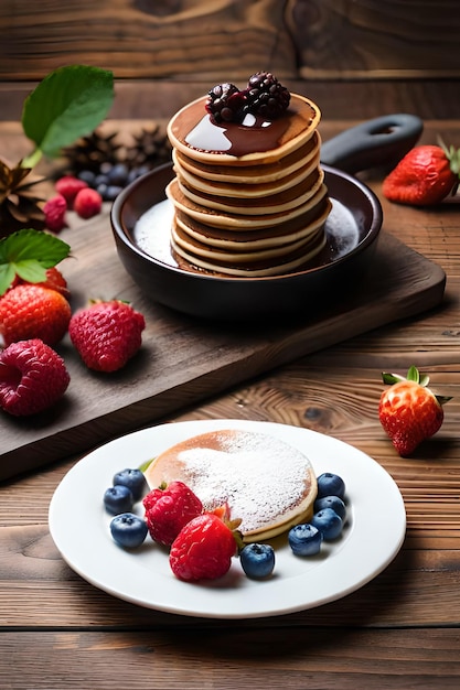 A plate of pancakes with powdered sugar and blueberries on it