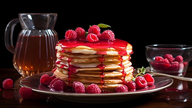 a plate of pancakes with raspberry sauce and fruit on itgenerated ai