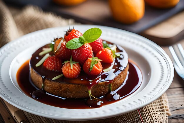 ストロベリーとチョコレートを入れたパンケーキの皿