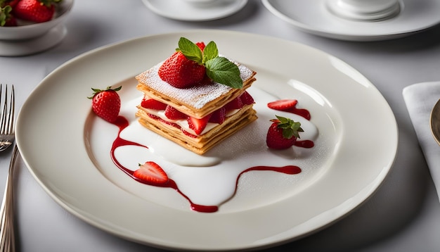 a plate of pancakes with strawberries and cream on it