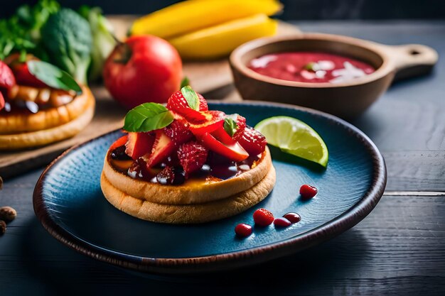 A plate of pancakes with strawberries and a cup of coffee