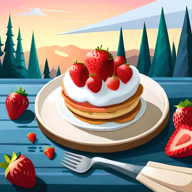 A plate of pancakes with strawberries and a fork with a knife and fork.