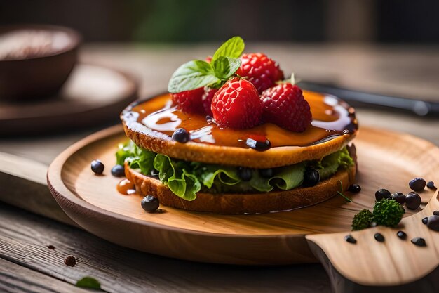 a plate of pancakes with strawberries and mint on it