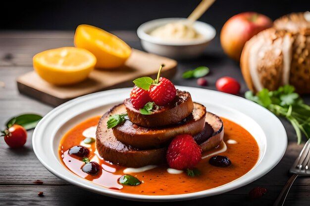 A plate of pancakes with strawberries and syrup on it