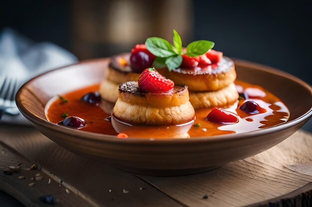 A plate of pancakes with strawberries and syrup on it