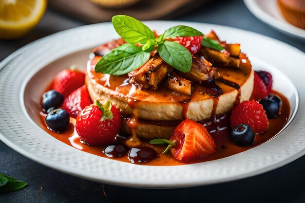 a plate of pancakes with strawberries and syrup